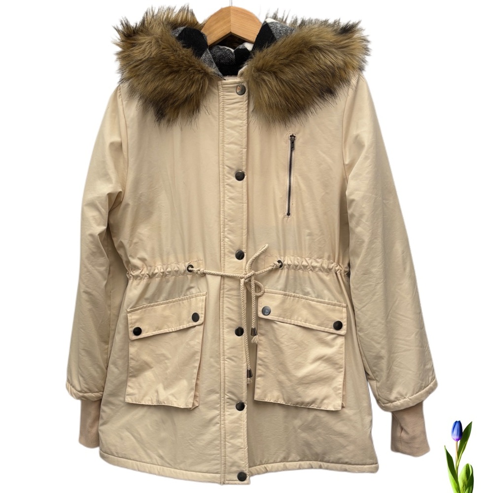 Cream Hooded Fleece Line Coat Parka Faux Fur Jacket GRACE KARIN Womens SMALL